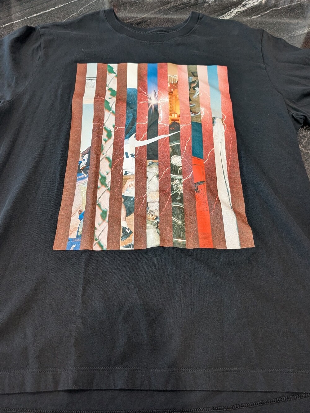 Black Nike Graphic Men's T-Shirt with Multicolor Striped Print